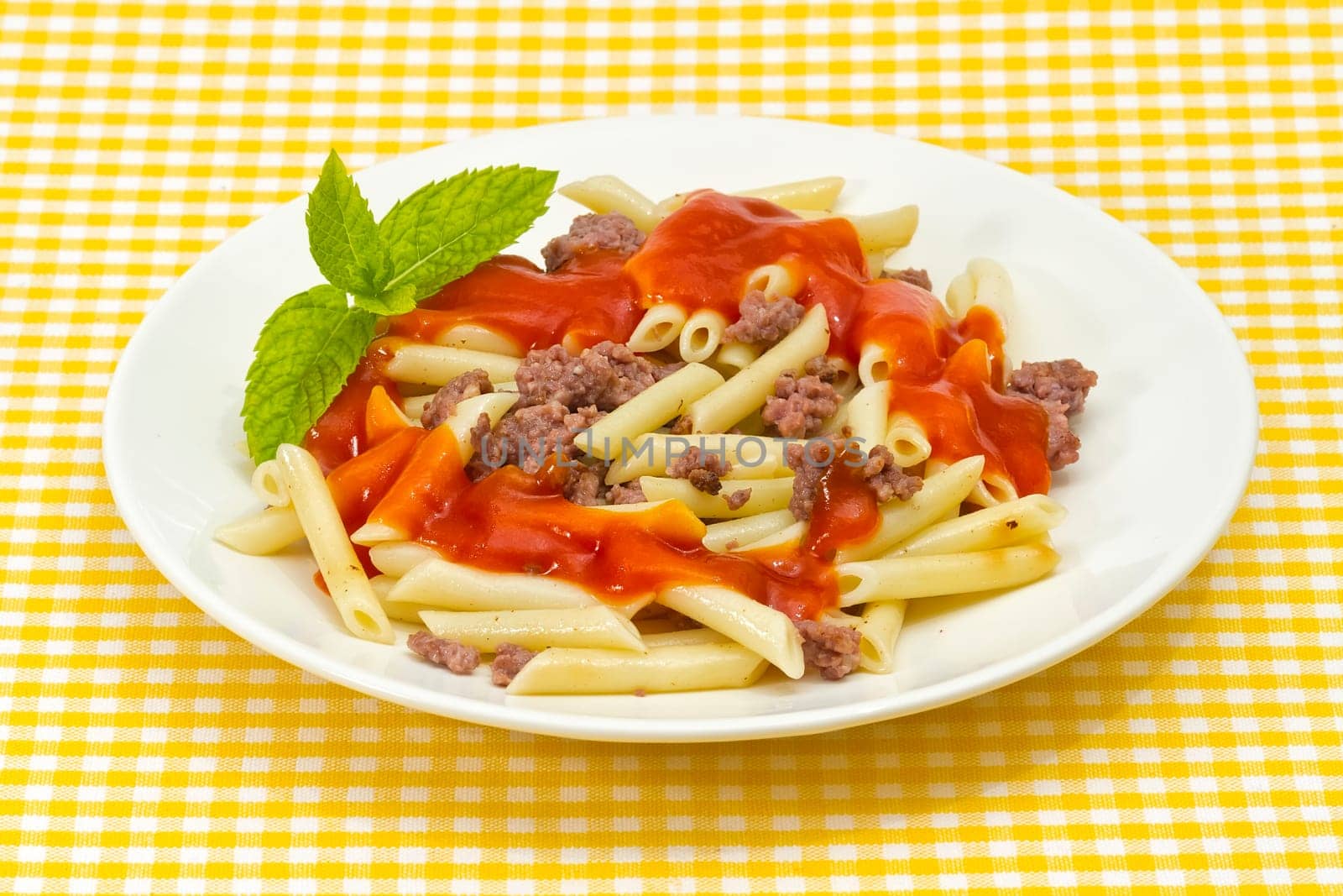 Traditional Italian macaroni pasta with tomato adorned with mint