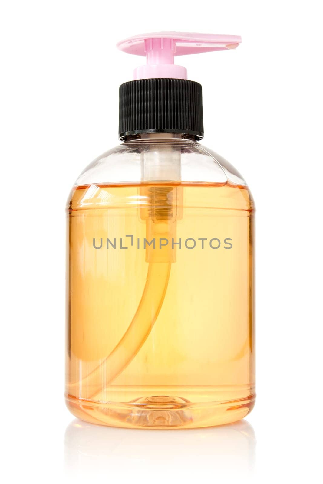 transparent bottle with liquid soap on white background