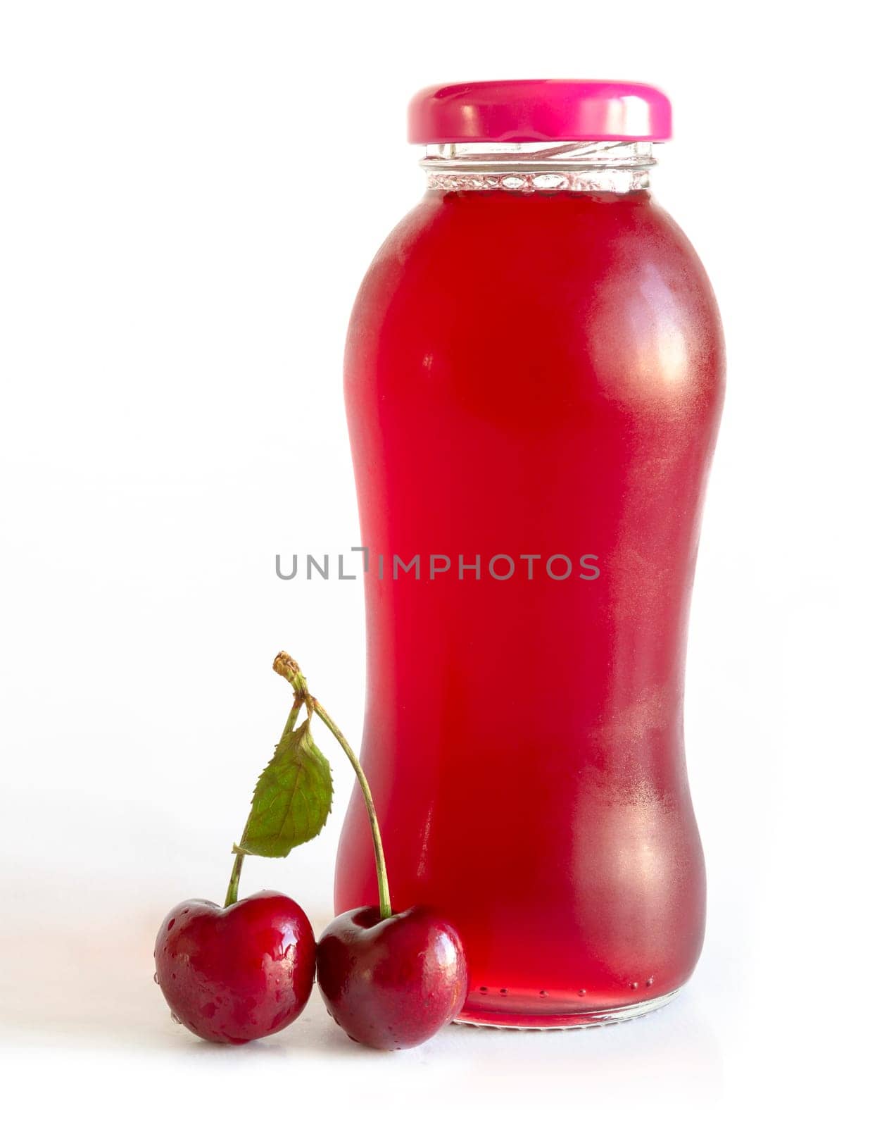 Bottle with cherry juice on white background