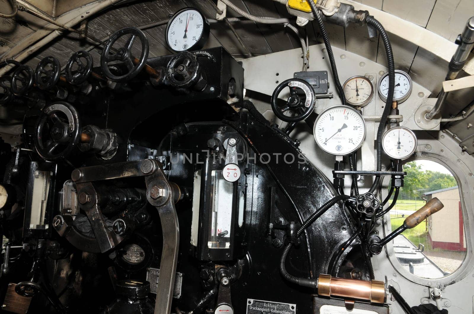 Steam locomotive driver's cab of a 99 6001-4 of the Harz Narrow Gauge Railway.