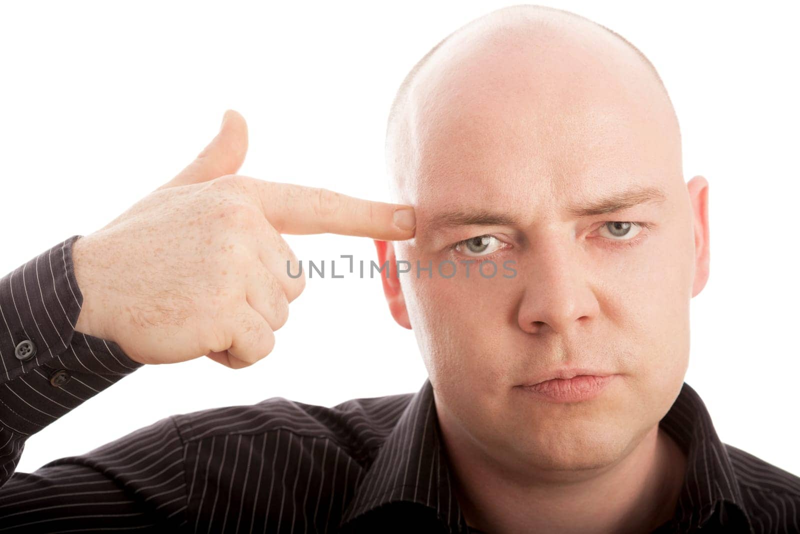 bald man with finger shoot in head