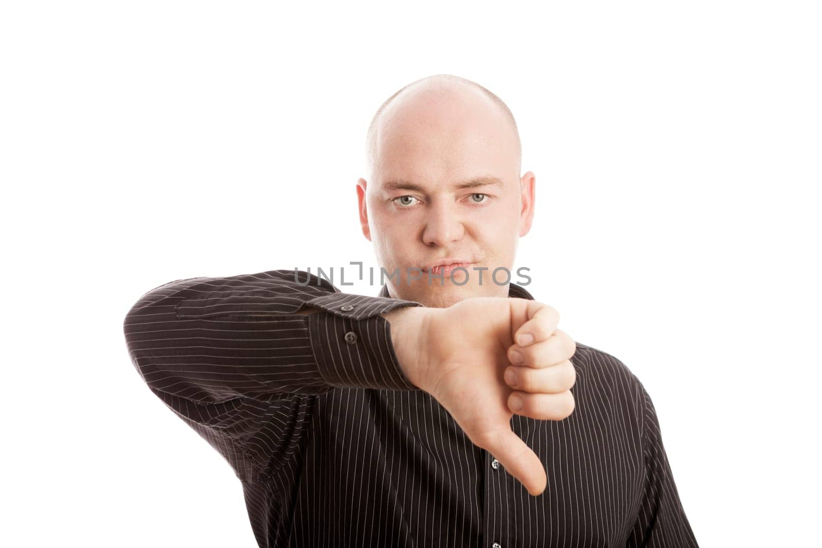 Bald man with black shirt thumb down