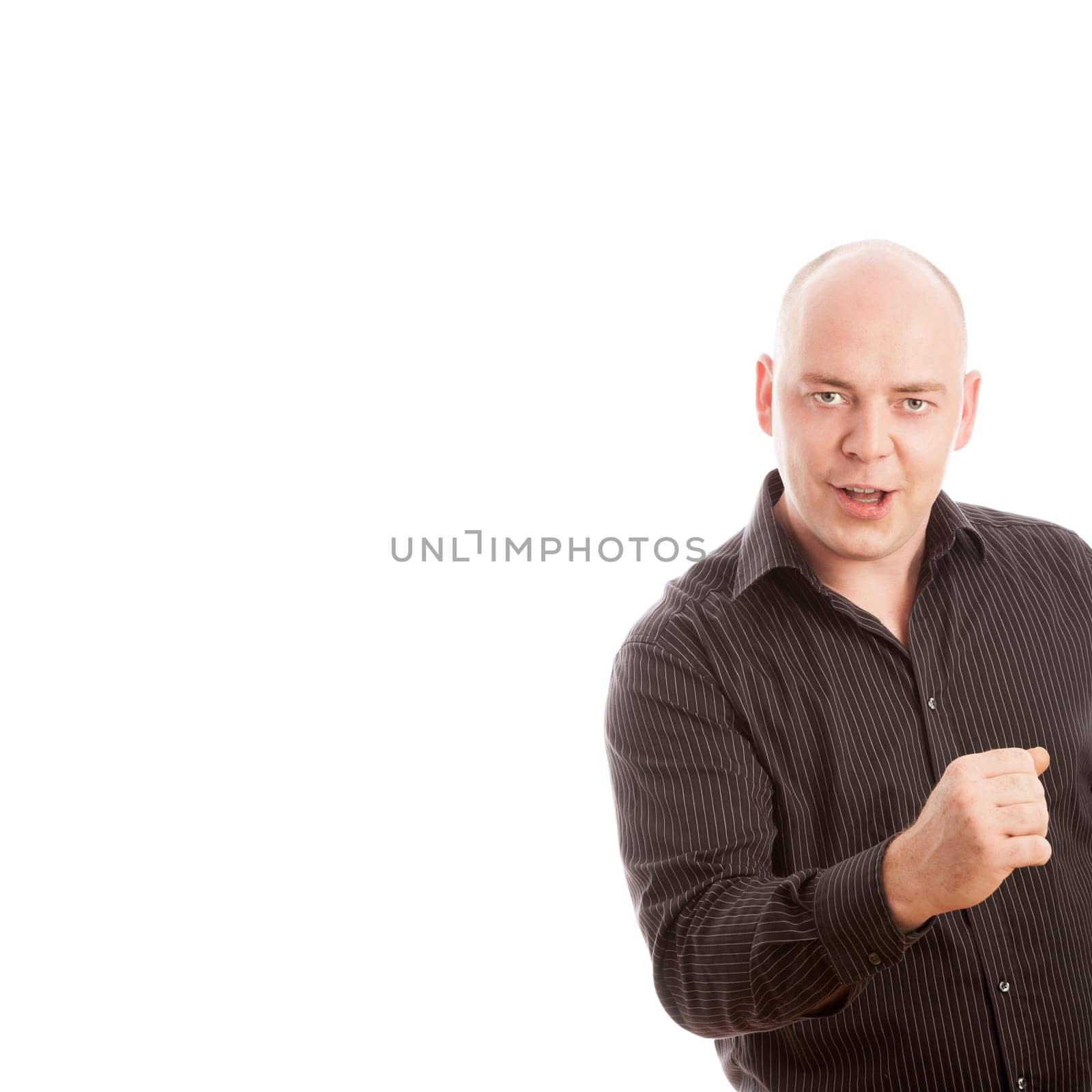 bald man win and scream with arms in the air