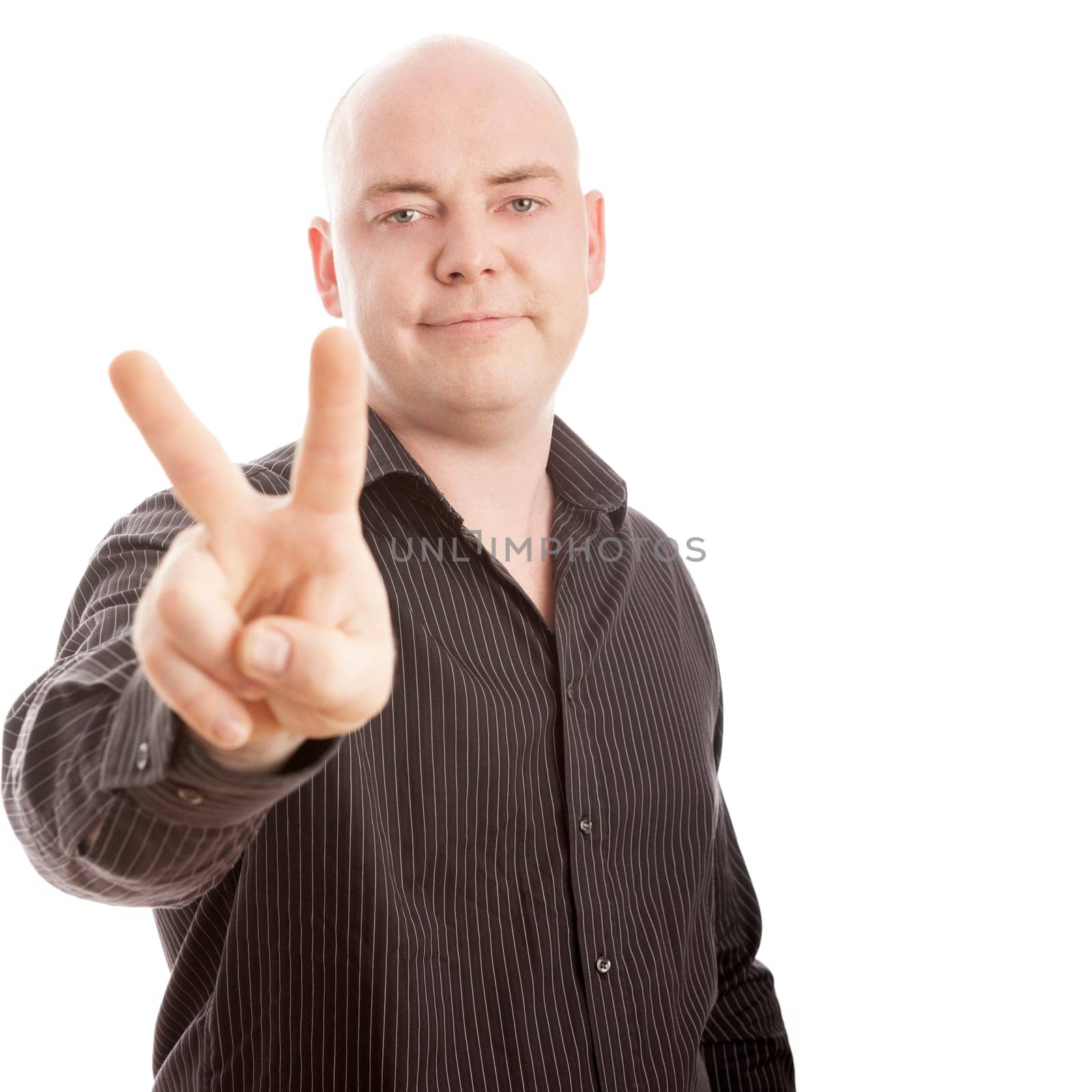 Bald man with black shirt sign victory