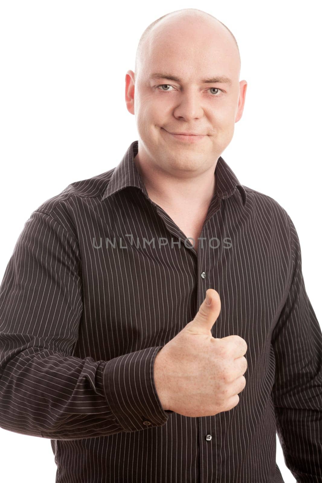 bald man in shirt thumb up and smiling