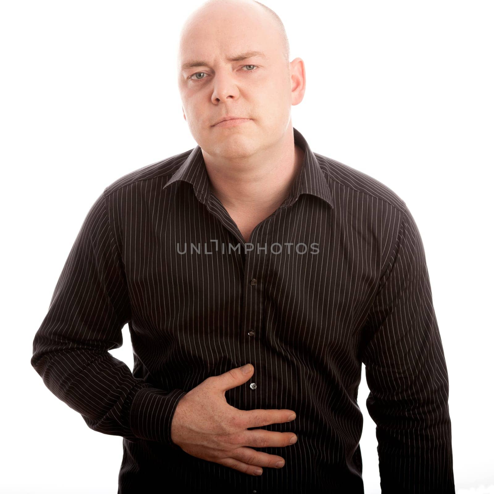 bald man on white background is sick