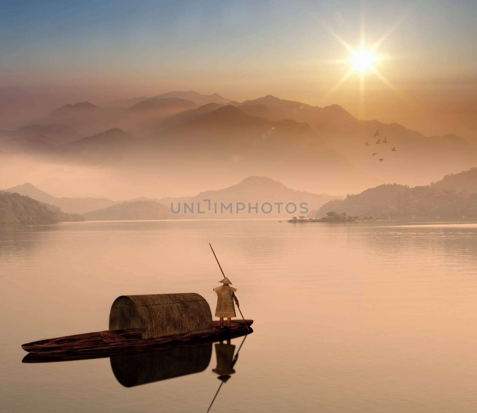 Chinese landscape painting - Sunset of Fisherman