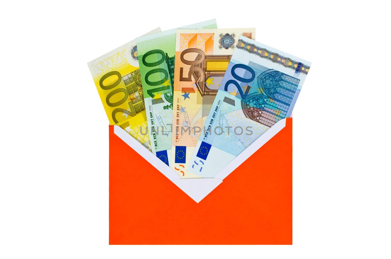 Euro banknotes in a red envelope