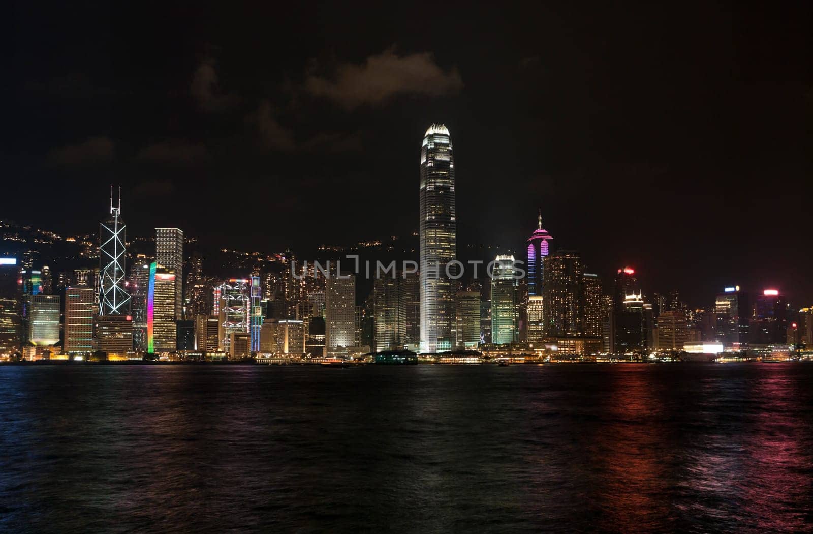 view of the Hong Kong skyline at evening.