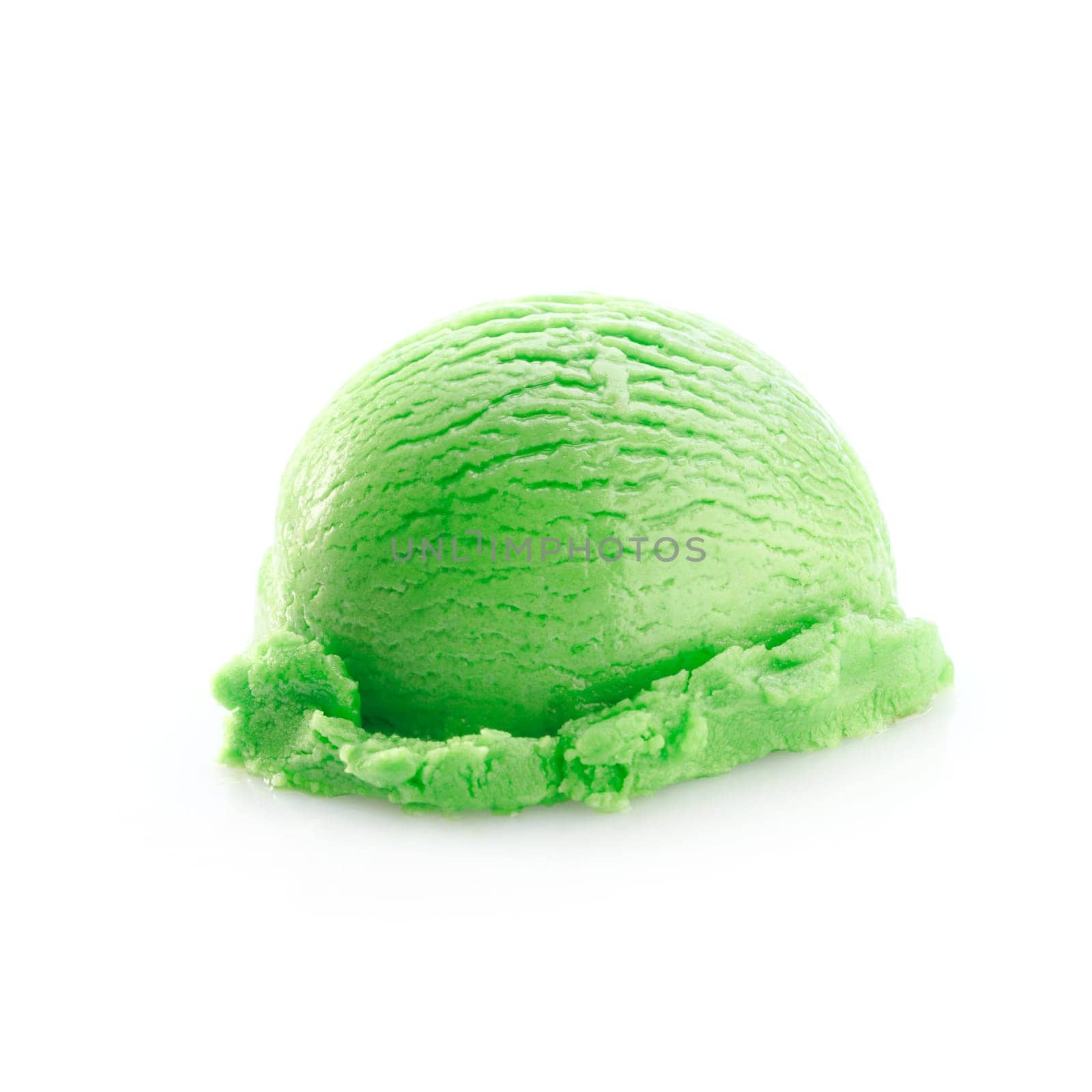 One green scoop of icecream isolated on white background