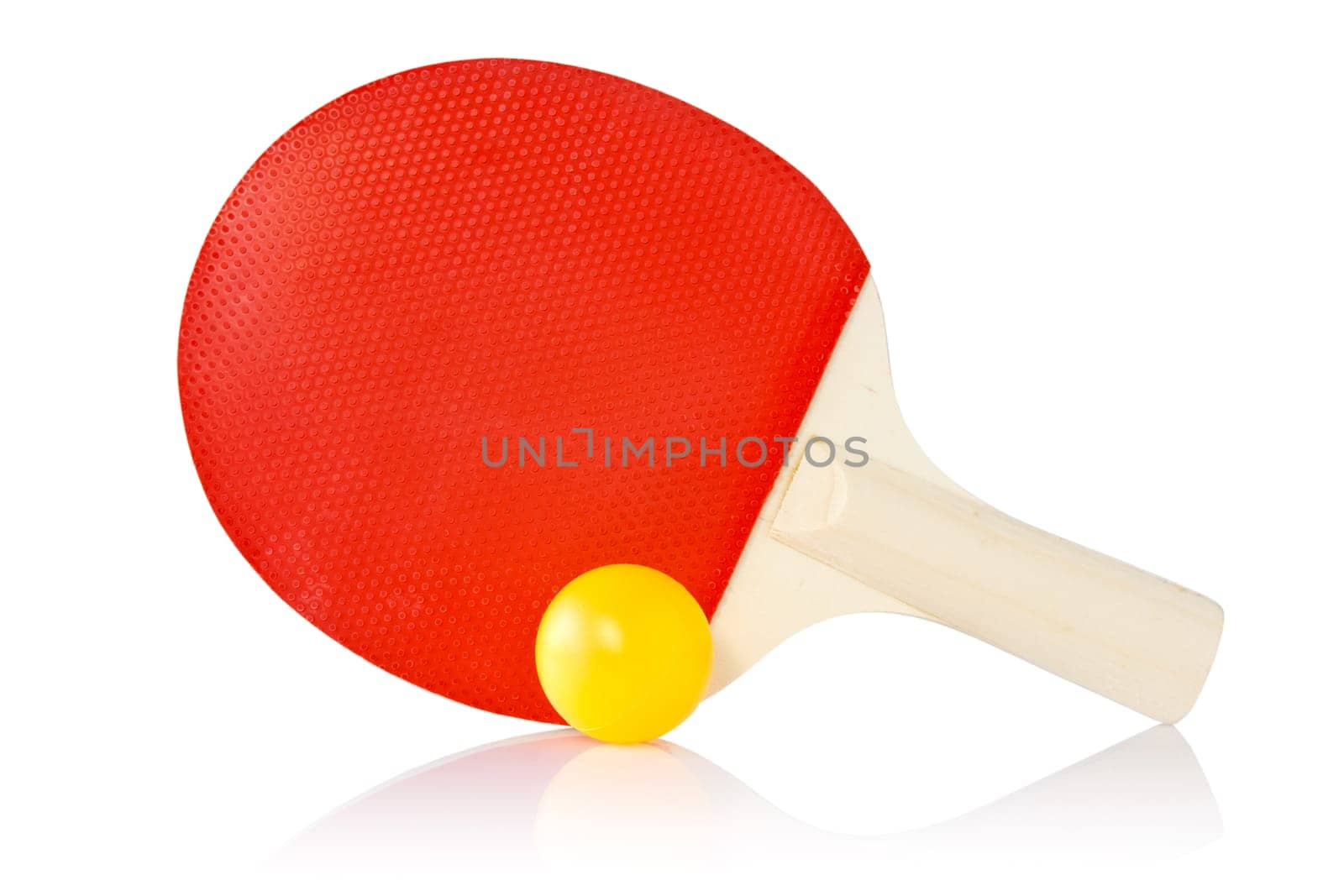 Table-tennis racket and ball on a white background