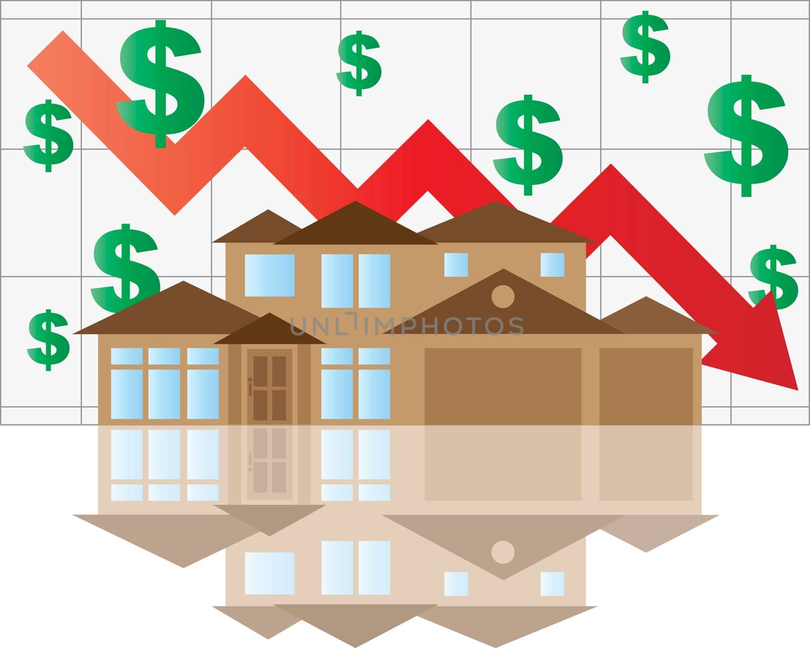 Home Value Falling Chart with House Arrow Dollar Signs Graph Illustration