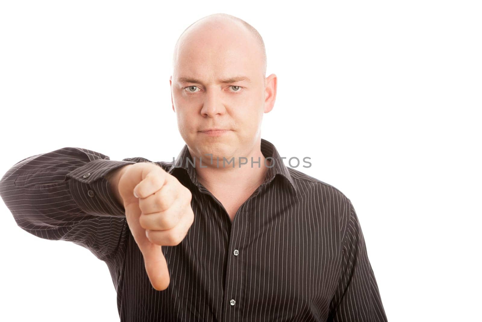 Bald man with black shirt thumb down