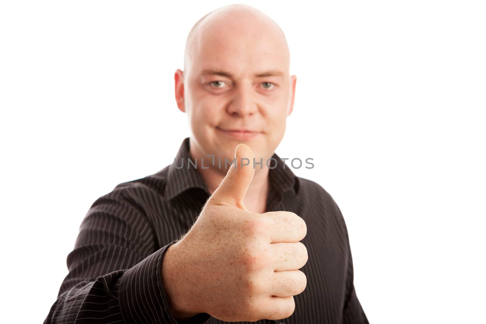bald man in shirt thumb up and smiling