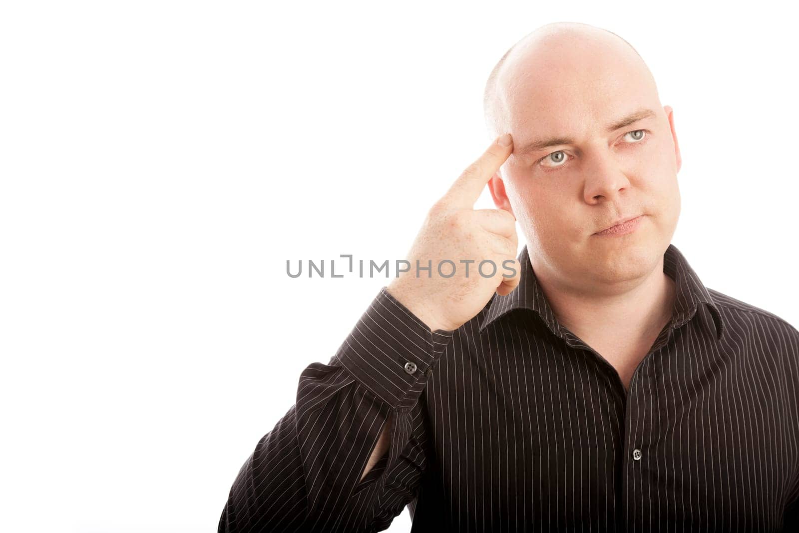 bald man with finger thinking on idea