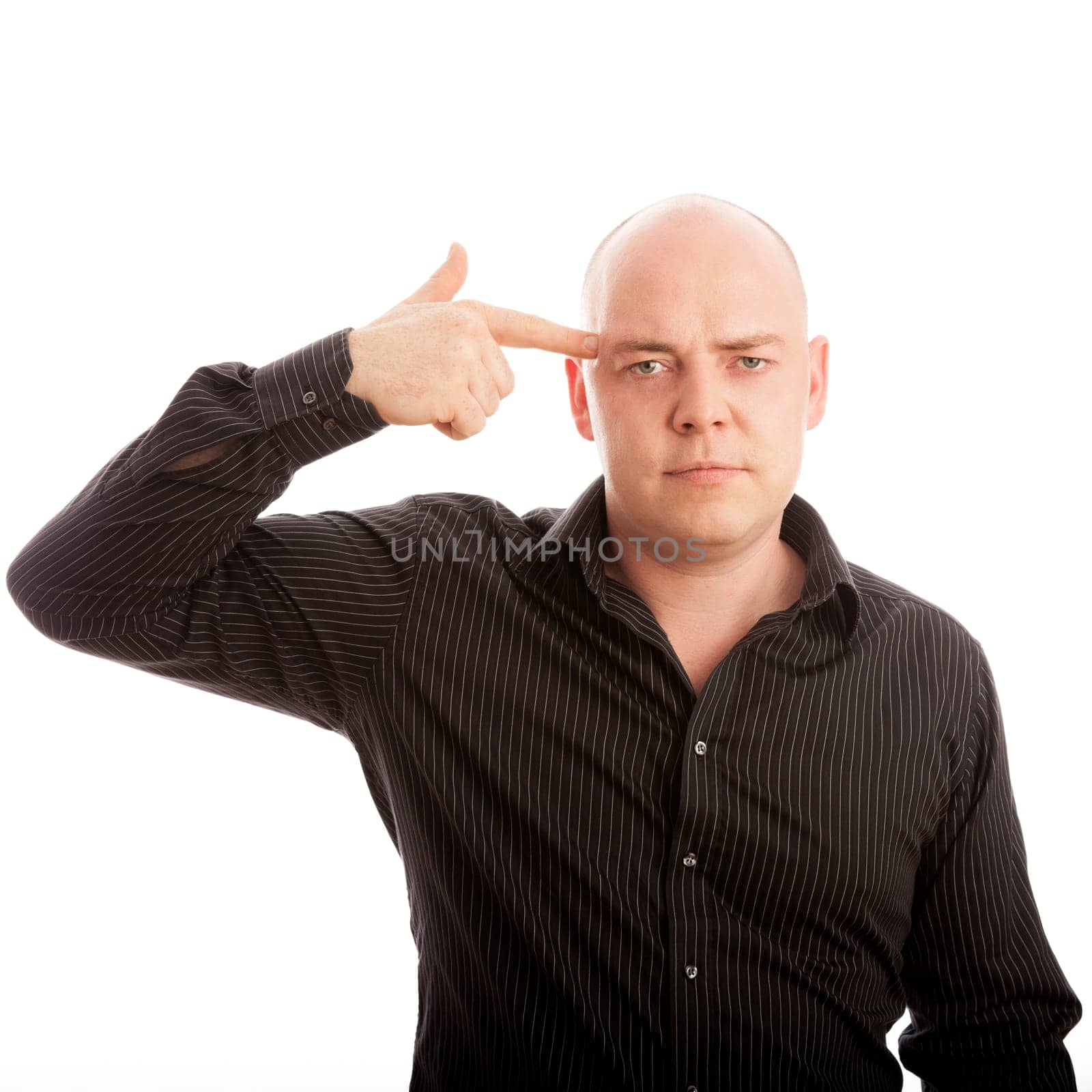 bald man with finger shoot in head