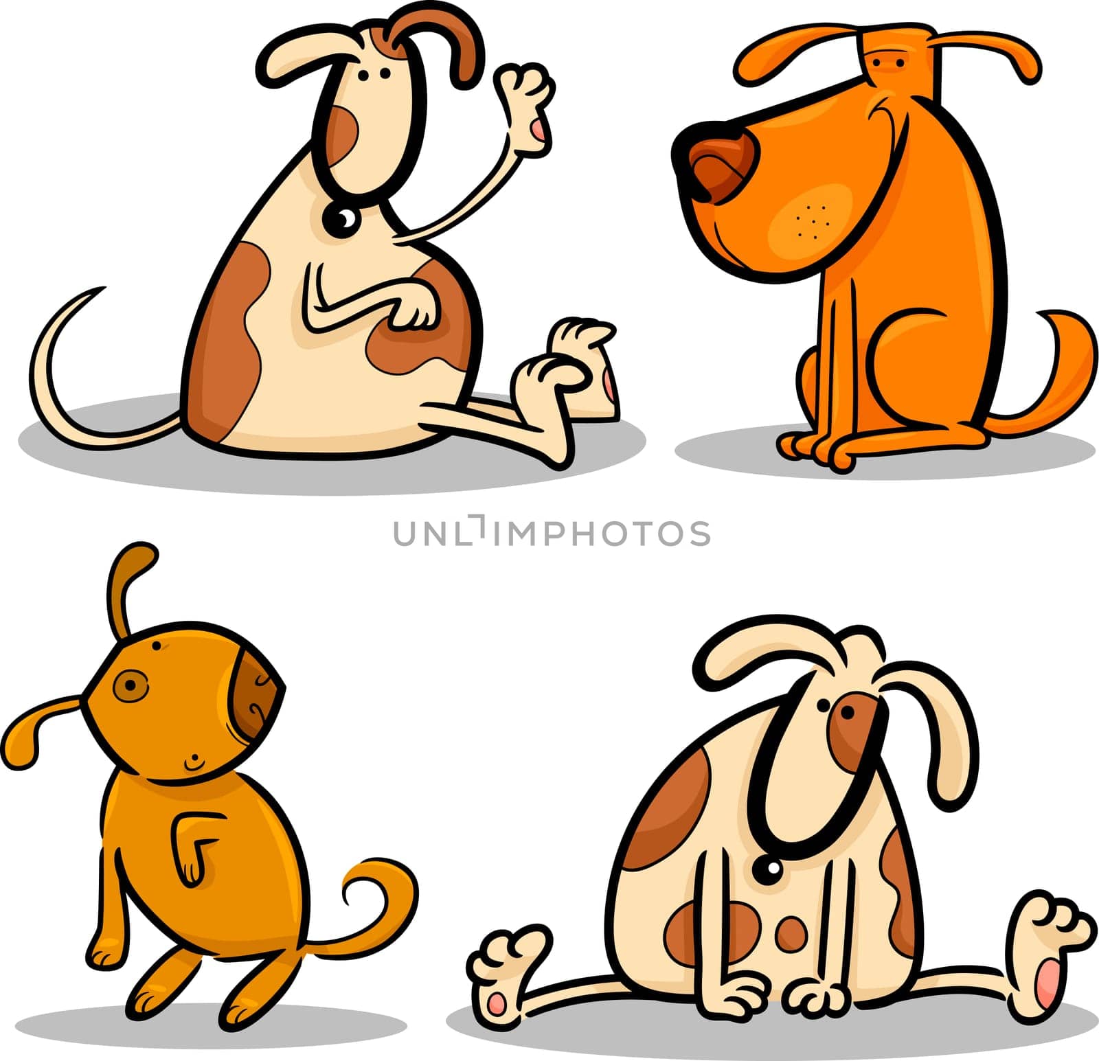 cartoon illustration of four cute dogs or puppies set