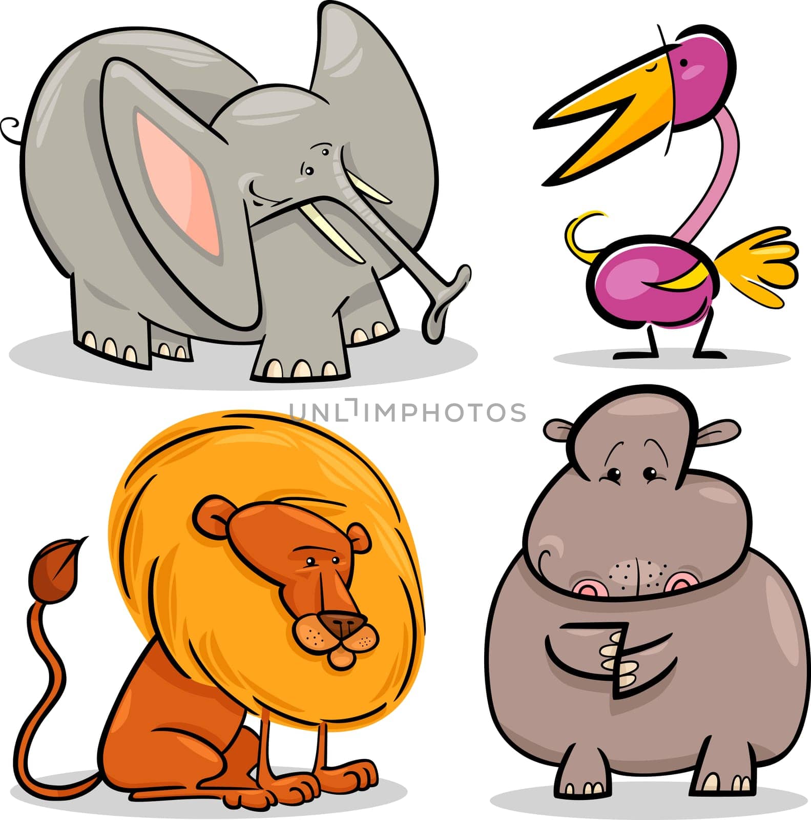 cartoon illustration of four cute African animals set