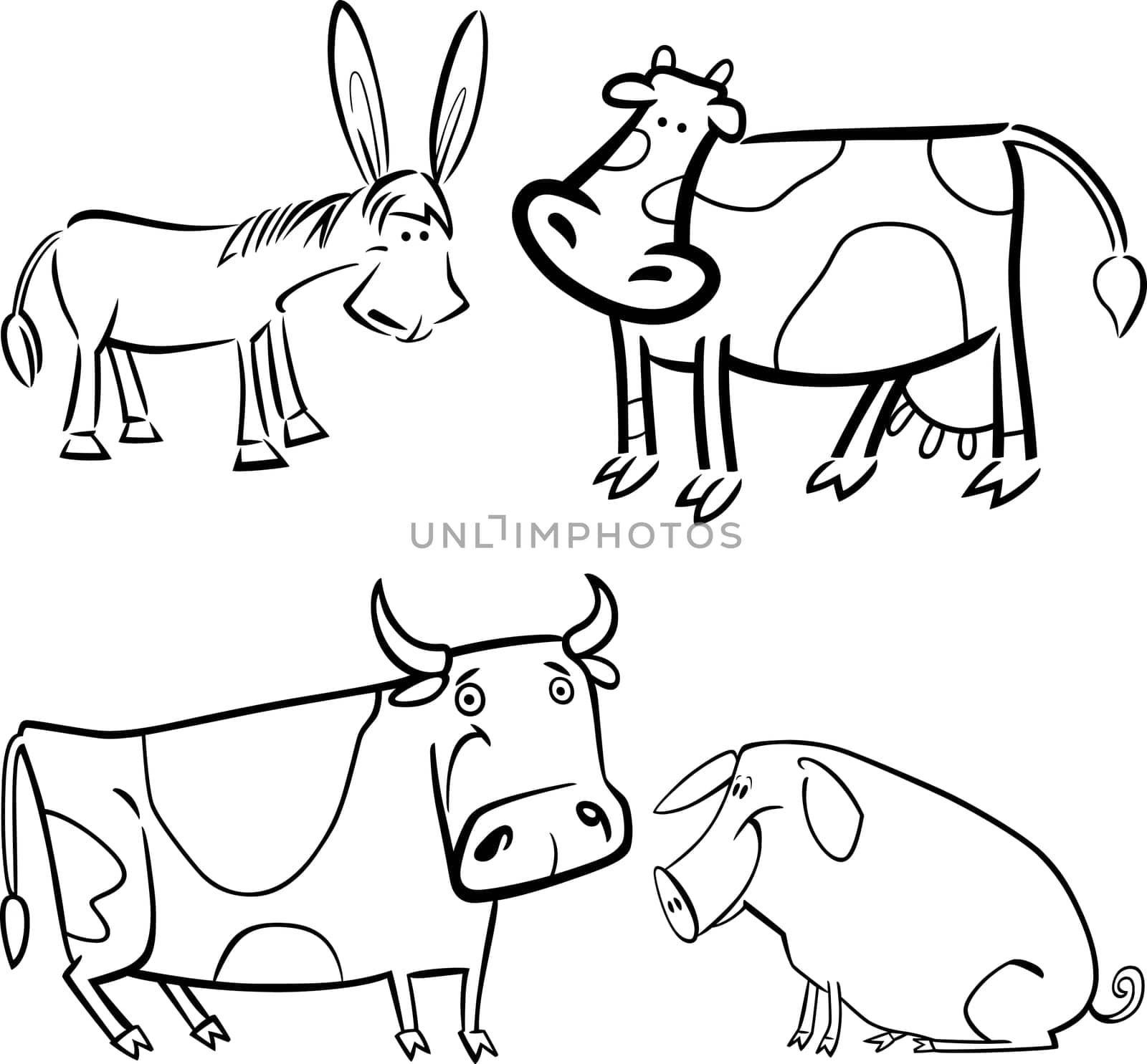 cartoon illustration of four cute farm animals set for coloring book