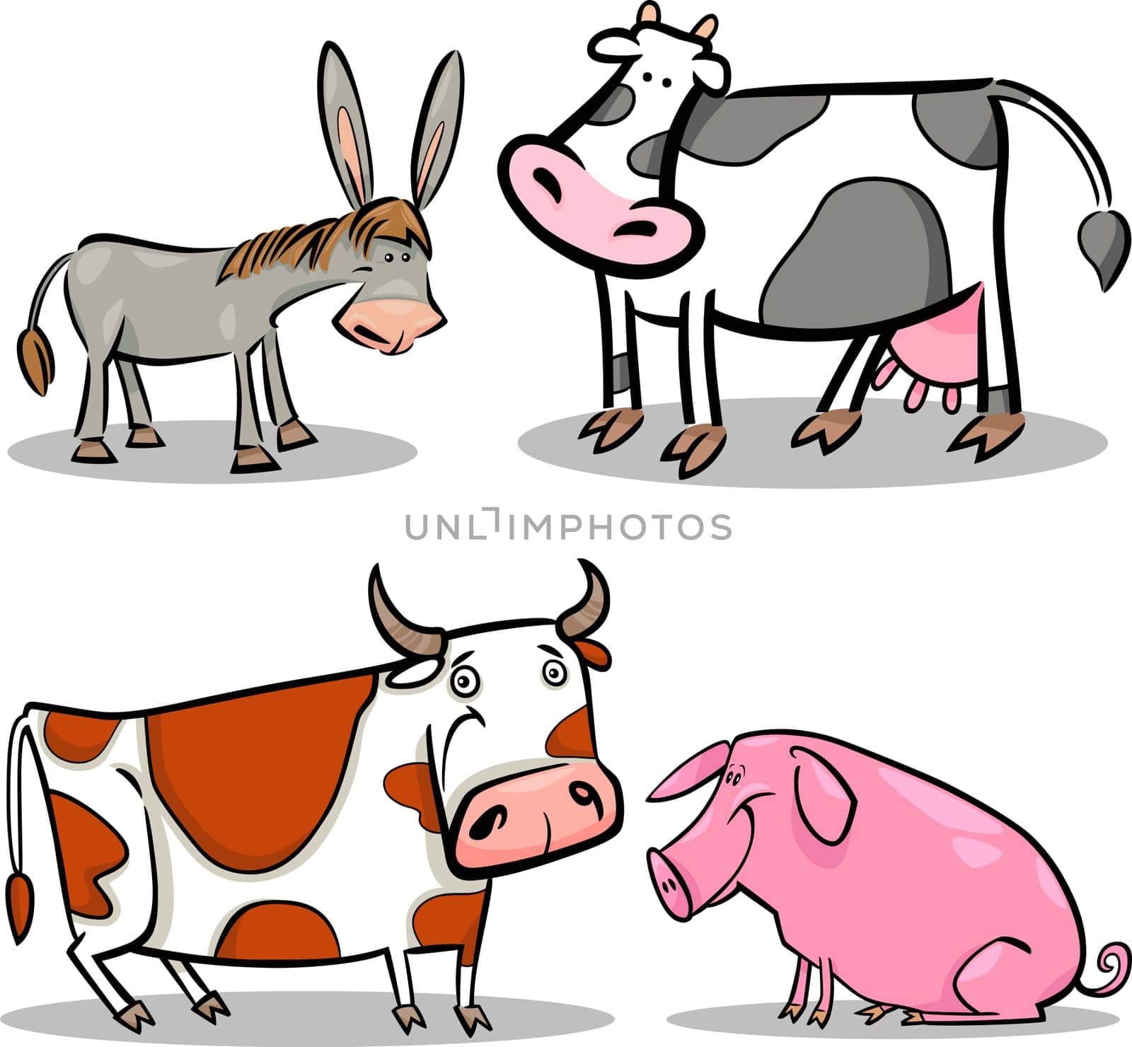 cartoon illustration of four cute farm animals set