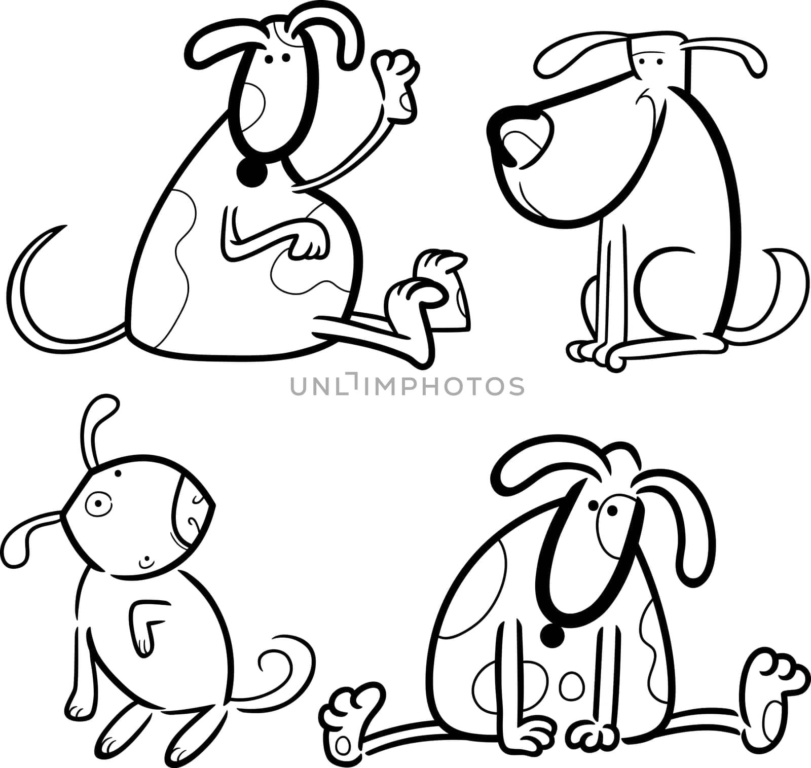 cartoon illustration of four cute dogs or puppies set for coloring book
