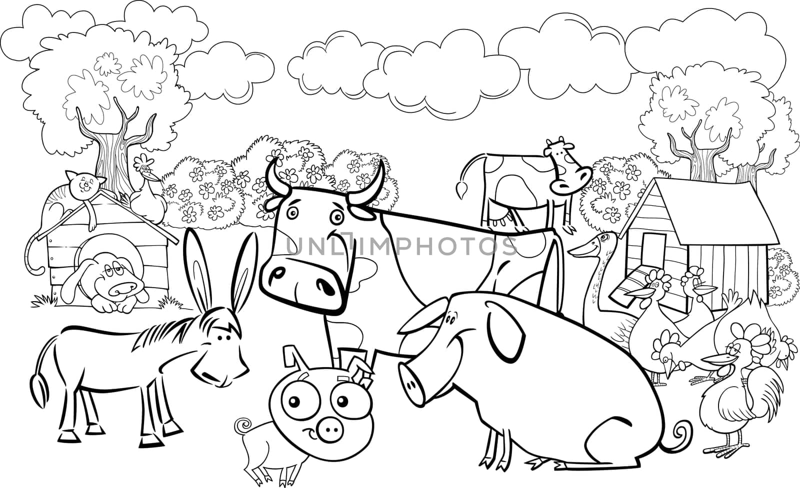 cartoon illustration of farm animals group for coloring book
