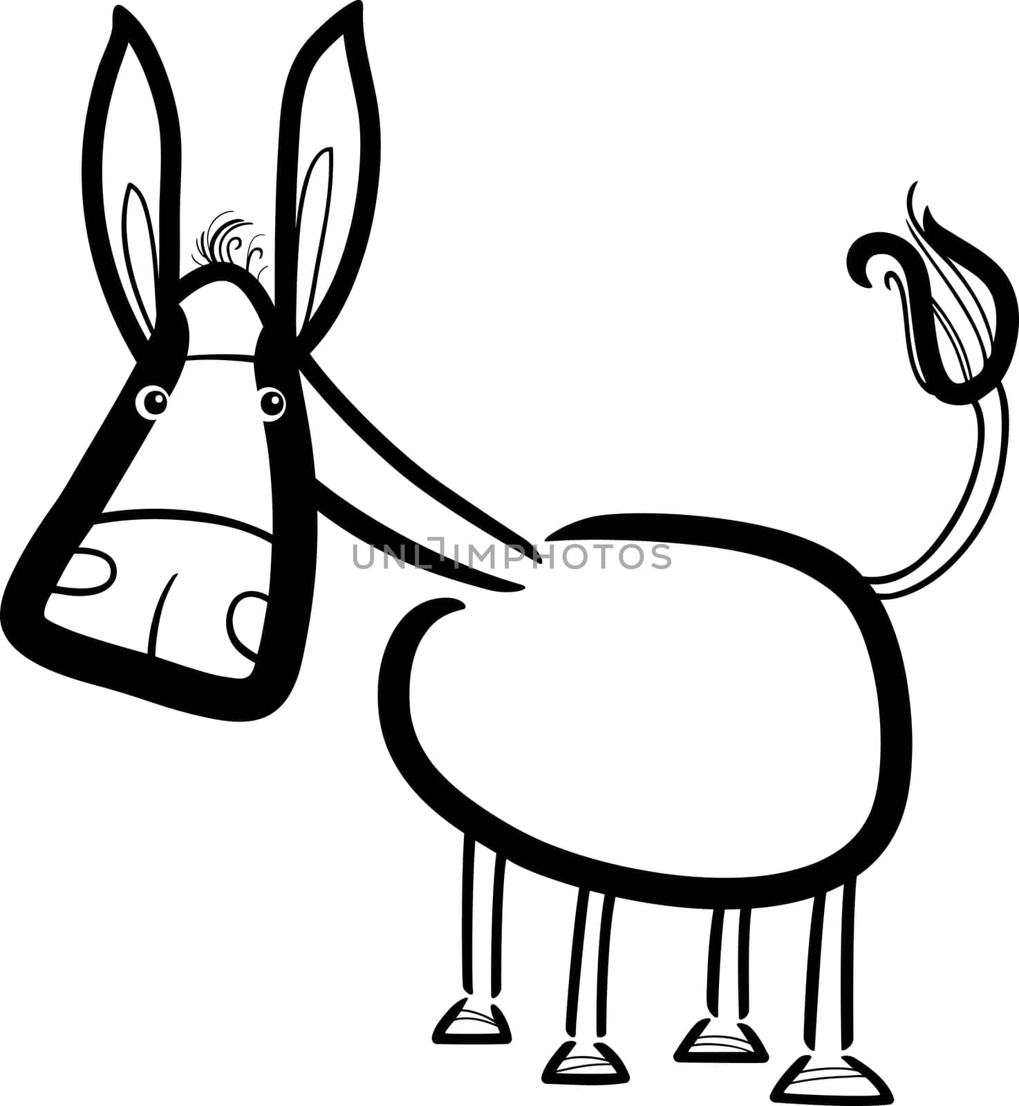 cartoon doodle illustration of cute farm donkey for coloring book