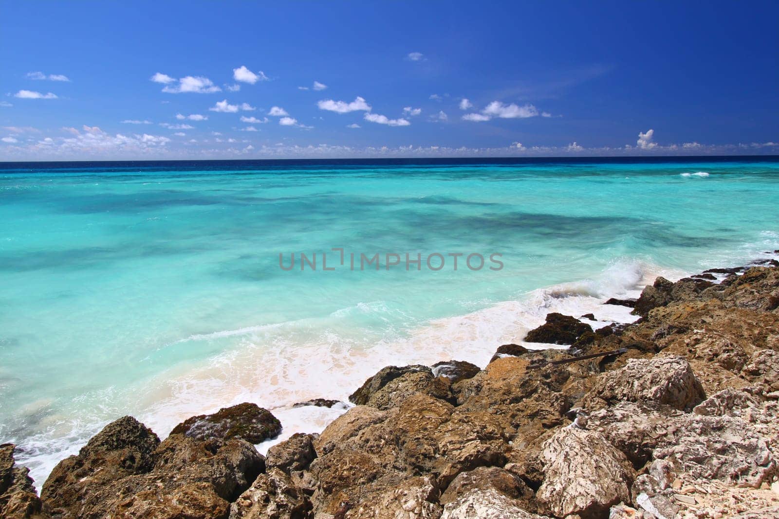 View of the Atlantic Ocean from the rocky coast of Barbados.