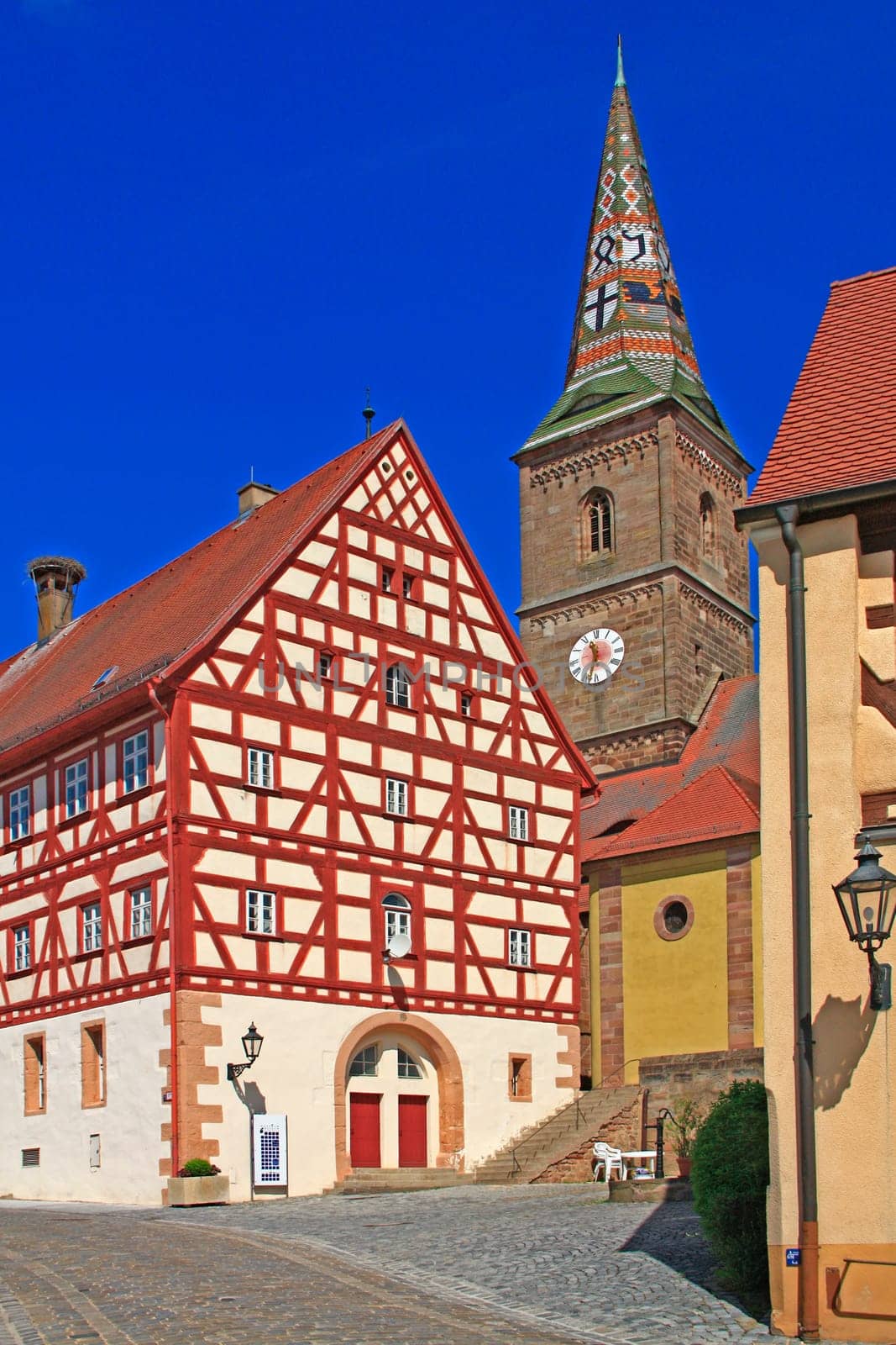 Parish Church of the Assumption of Mary (Liebfrauenmünster) and Old Town Hall in Wolframs-Eschenbach,the birthplace of the minstrel and poet of Parzival Wolfram von Eschenbach,Franconia,Bavaria,Germany