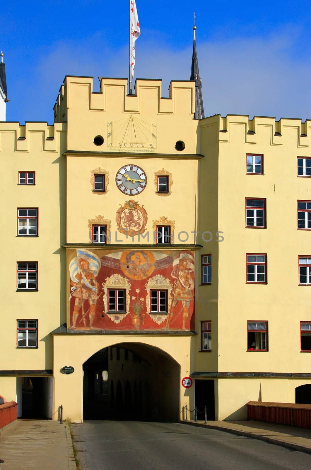 The bridge gate of Wasserburg am Inn seen from the Inn bridge,Bavaria,Germany