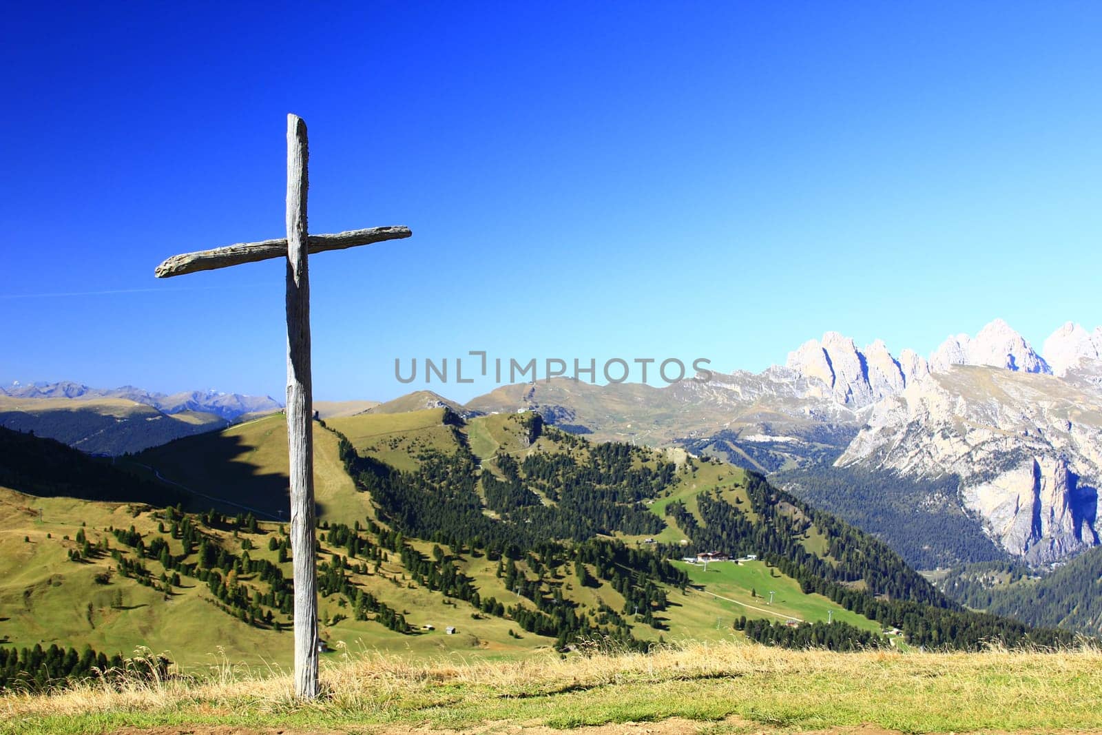 Wooden cross at the Sella Pass (2240m) in the Dolomites,South Tyrol,Italy