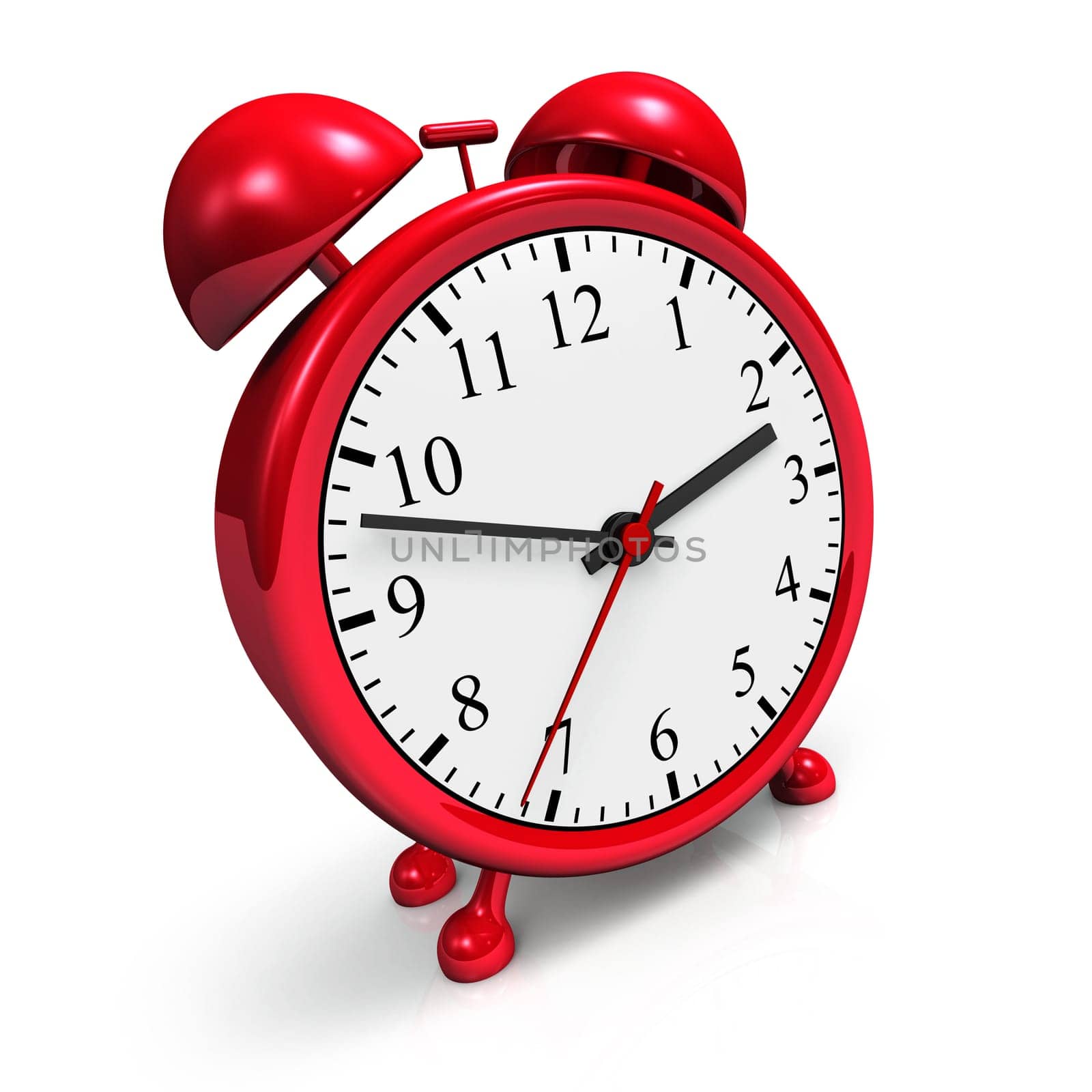 Small red alarm clock against white background