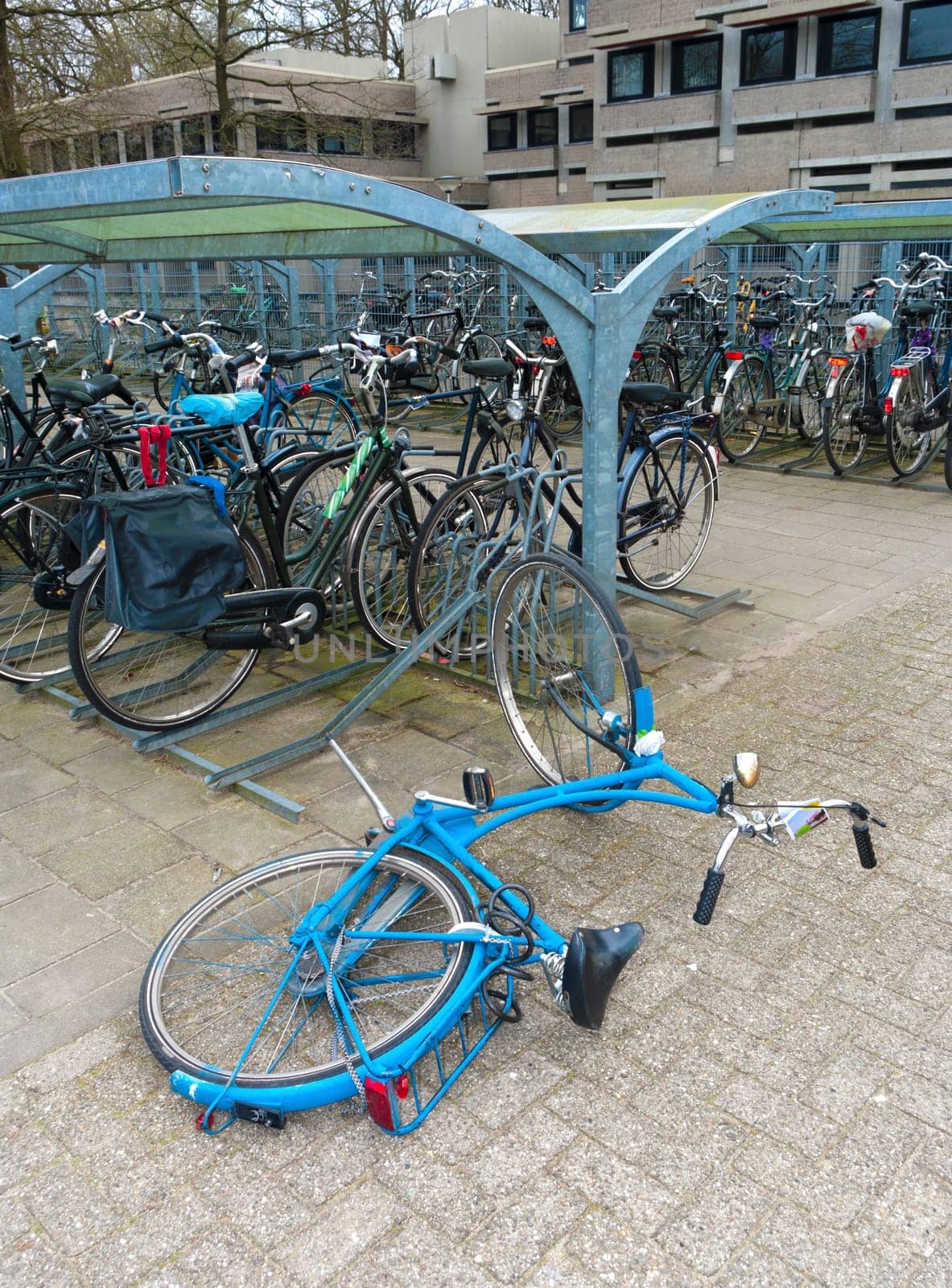 blue bicycle on the ground in front of a bicycle parking