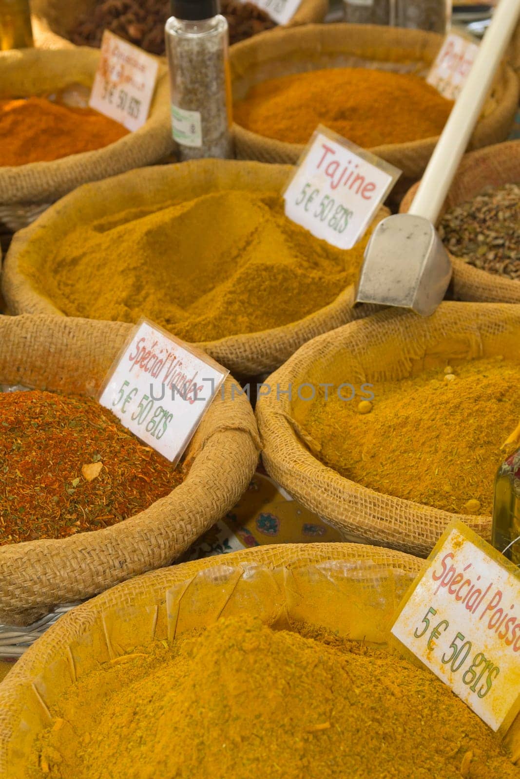 Various kinds of spices prepared to sell at a farmer&#039 s market.(Provence, France)