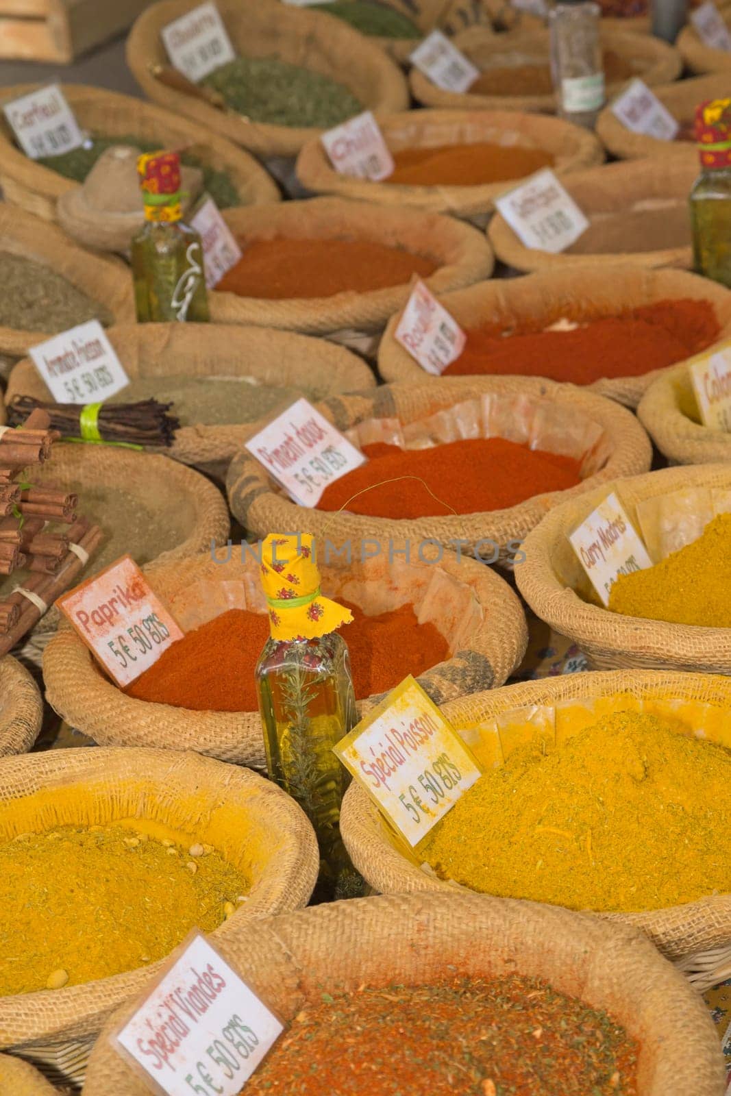 Various kinds of spices prepared to sell at a farmer&#039 s market.(Provence, France)