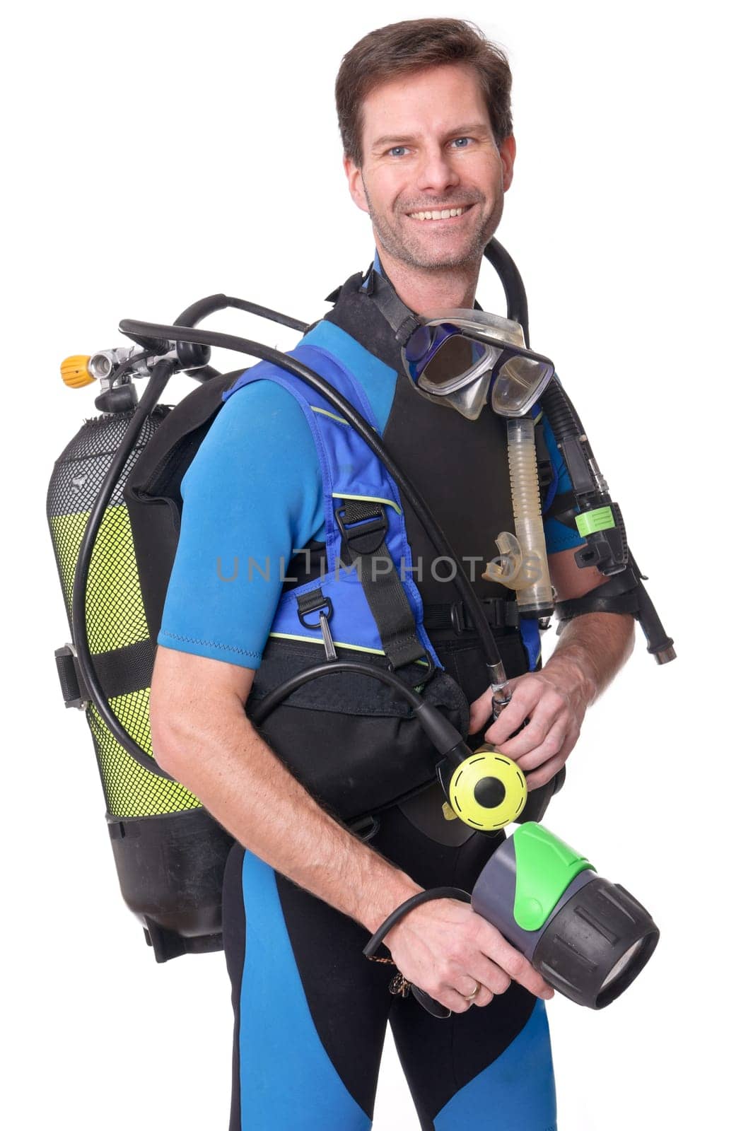 Studio shot of a diver against a white background
