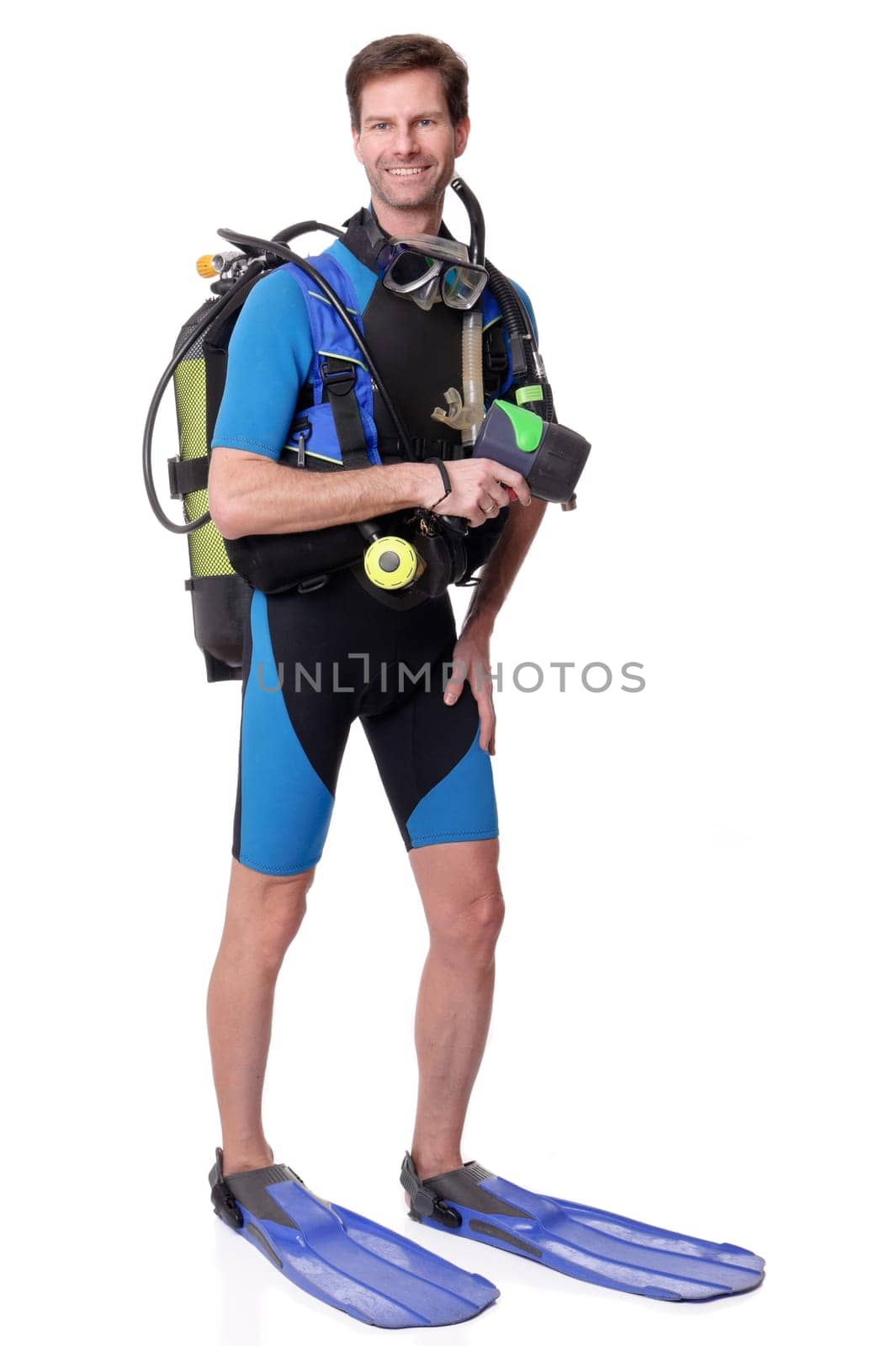 Studio shot of a diver against a white background