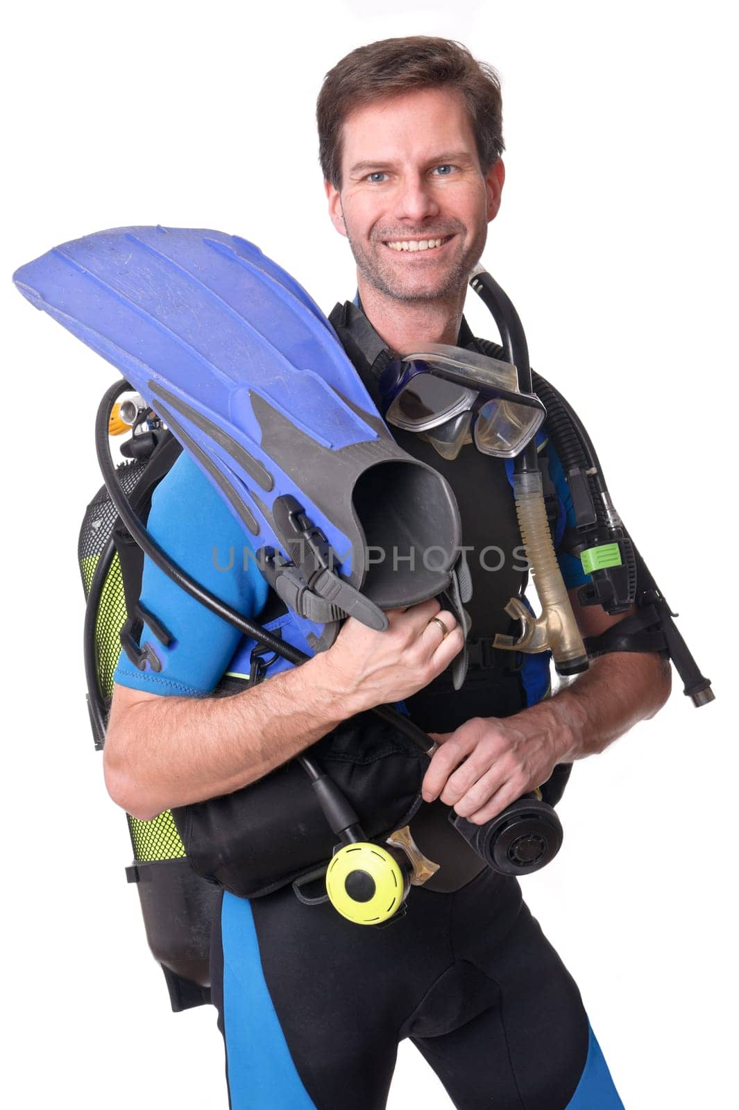 Studio shot of a diver against a white background