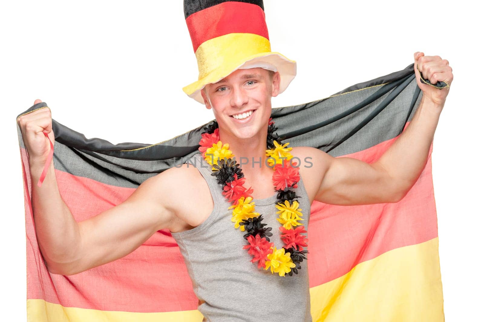 German football fan in front of white background