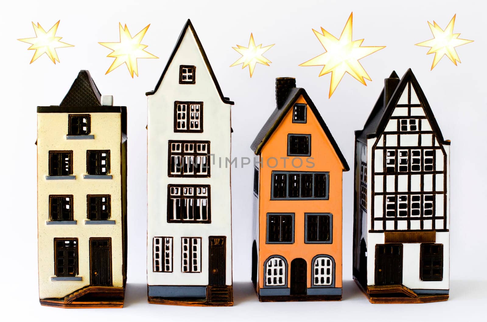 Colourful Christmas houses and poinsettias