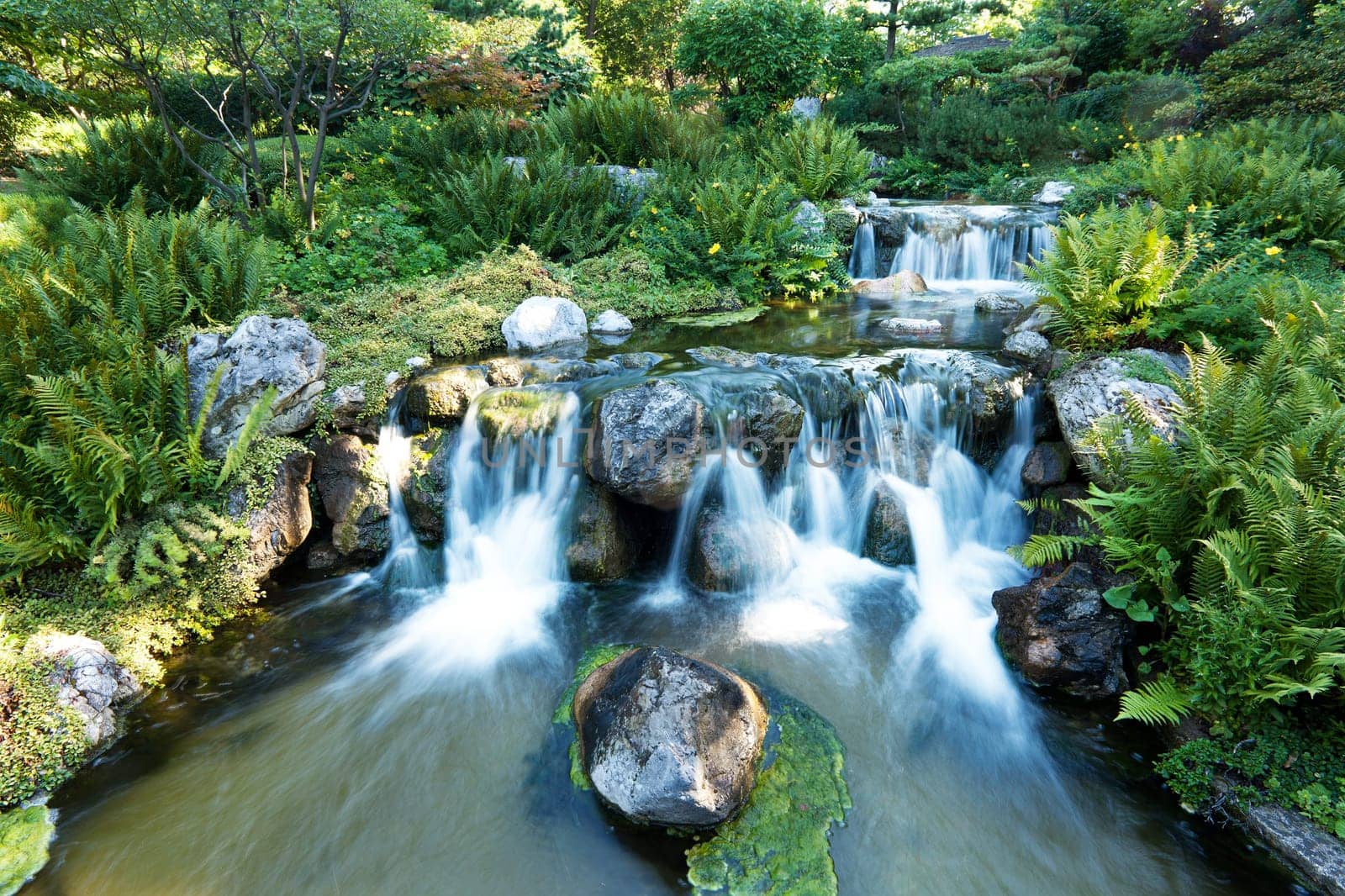 Japanese garden with waterfall,free time in beautiful nature