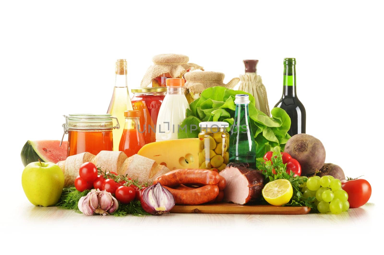 Composition with variety of grocery products including vegetable, fruits, meat, dairy and wine