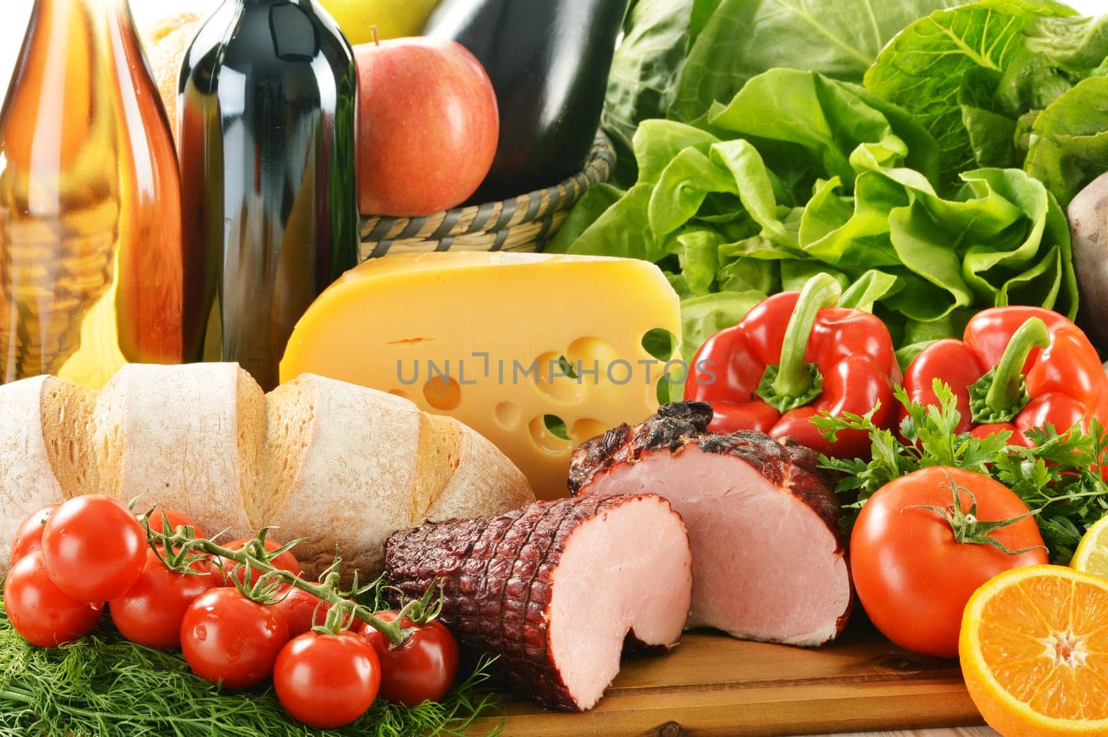 Composition with variety of grocery products including vegetable, fruits, meat, dairy and wine