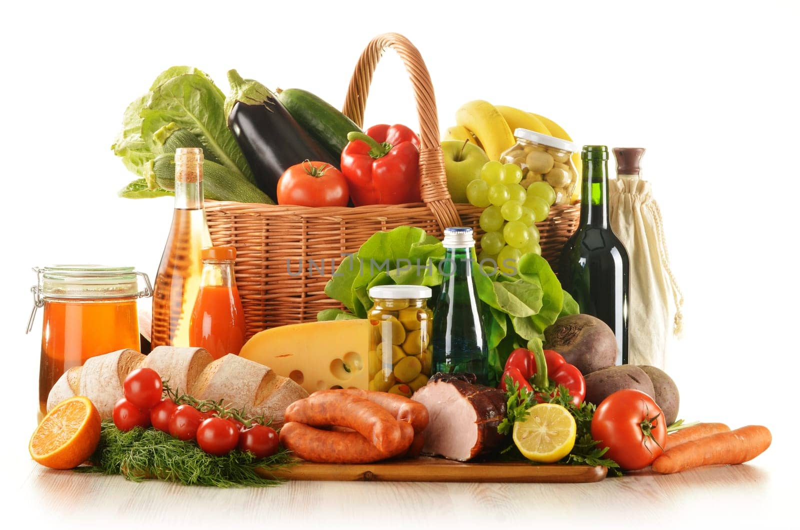 Composition with variety of grocery products including vegetable, fruits, meat, dairy and wine
