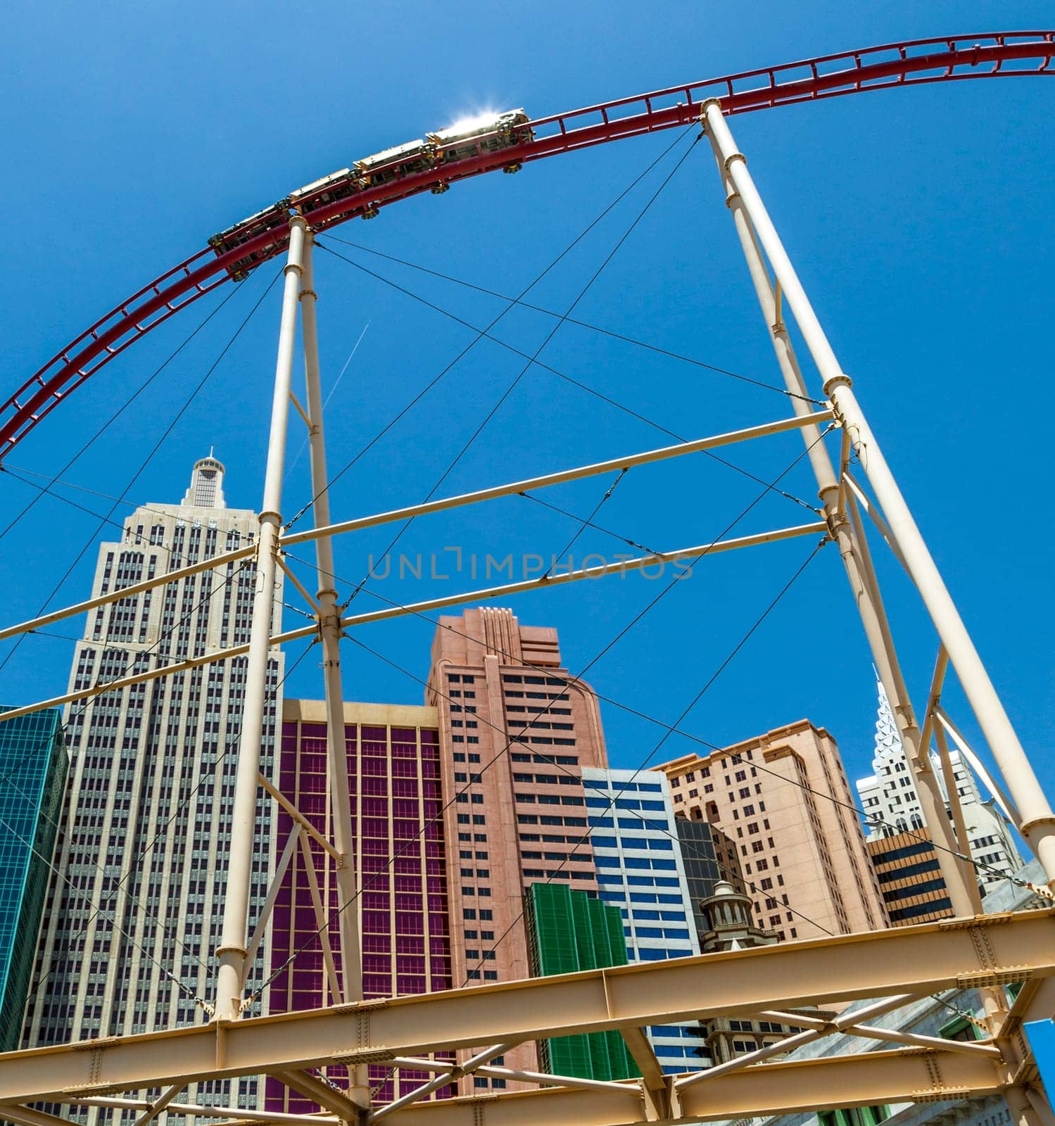 New York-New York resorts in Las Vegas with roller coaster.