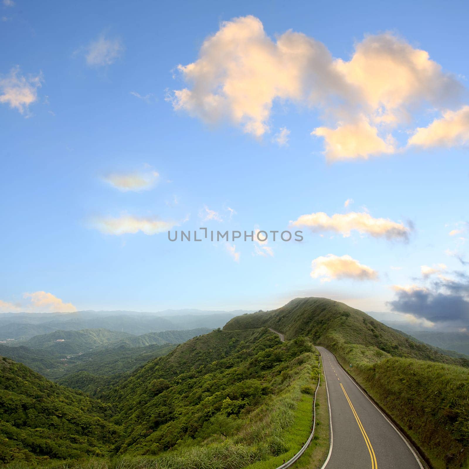 Green road with blue sky best for car adv use