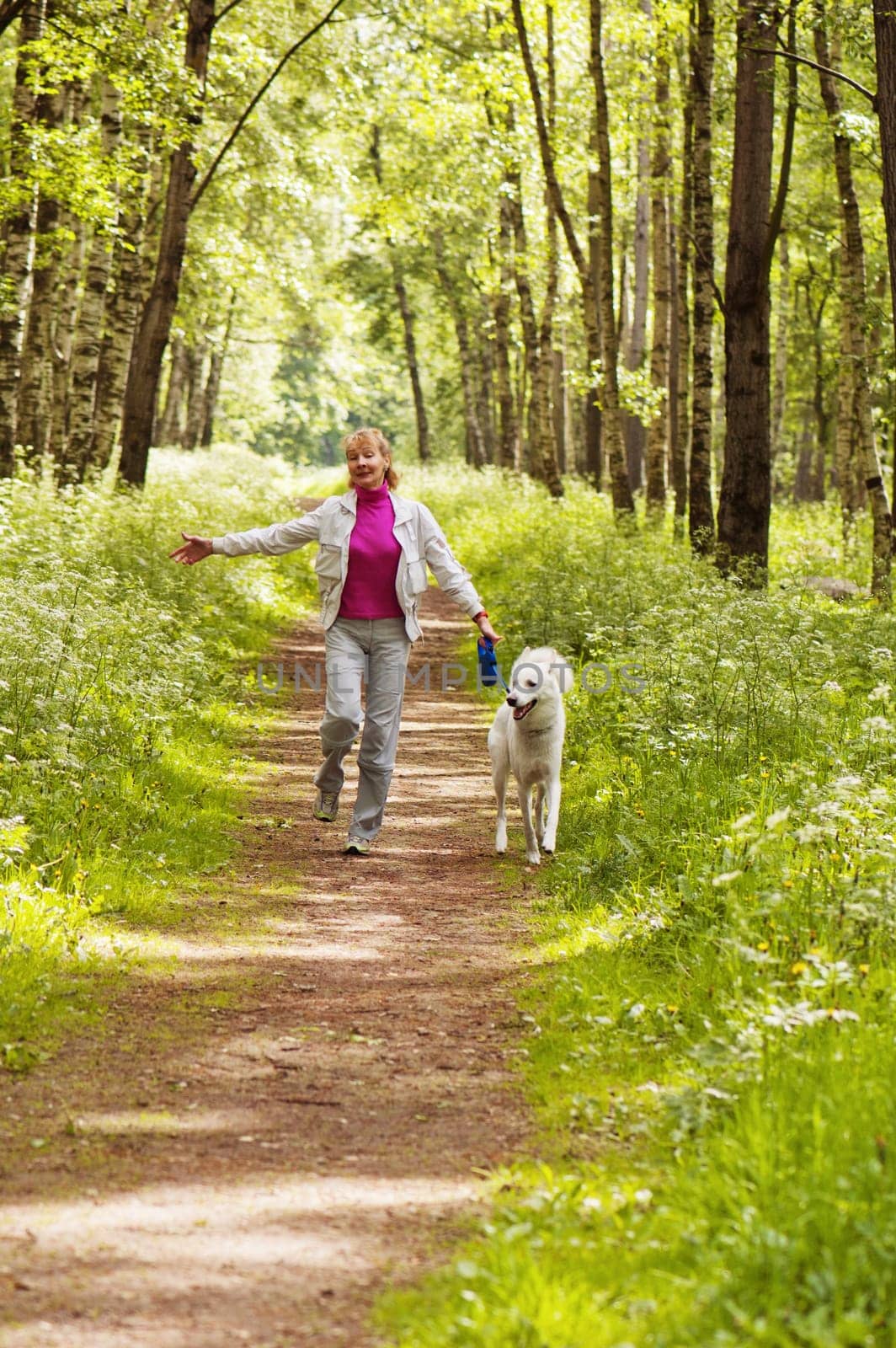 The woman walks with a dog in a wood
