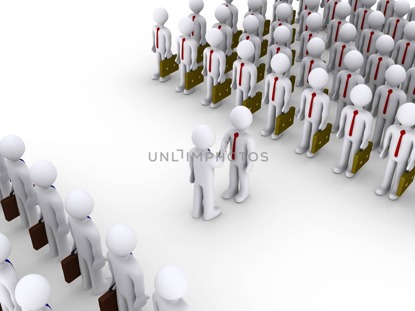 Two 3d businessmen shake hands in front of their teams