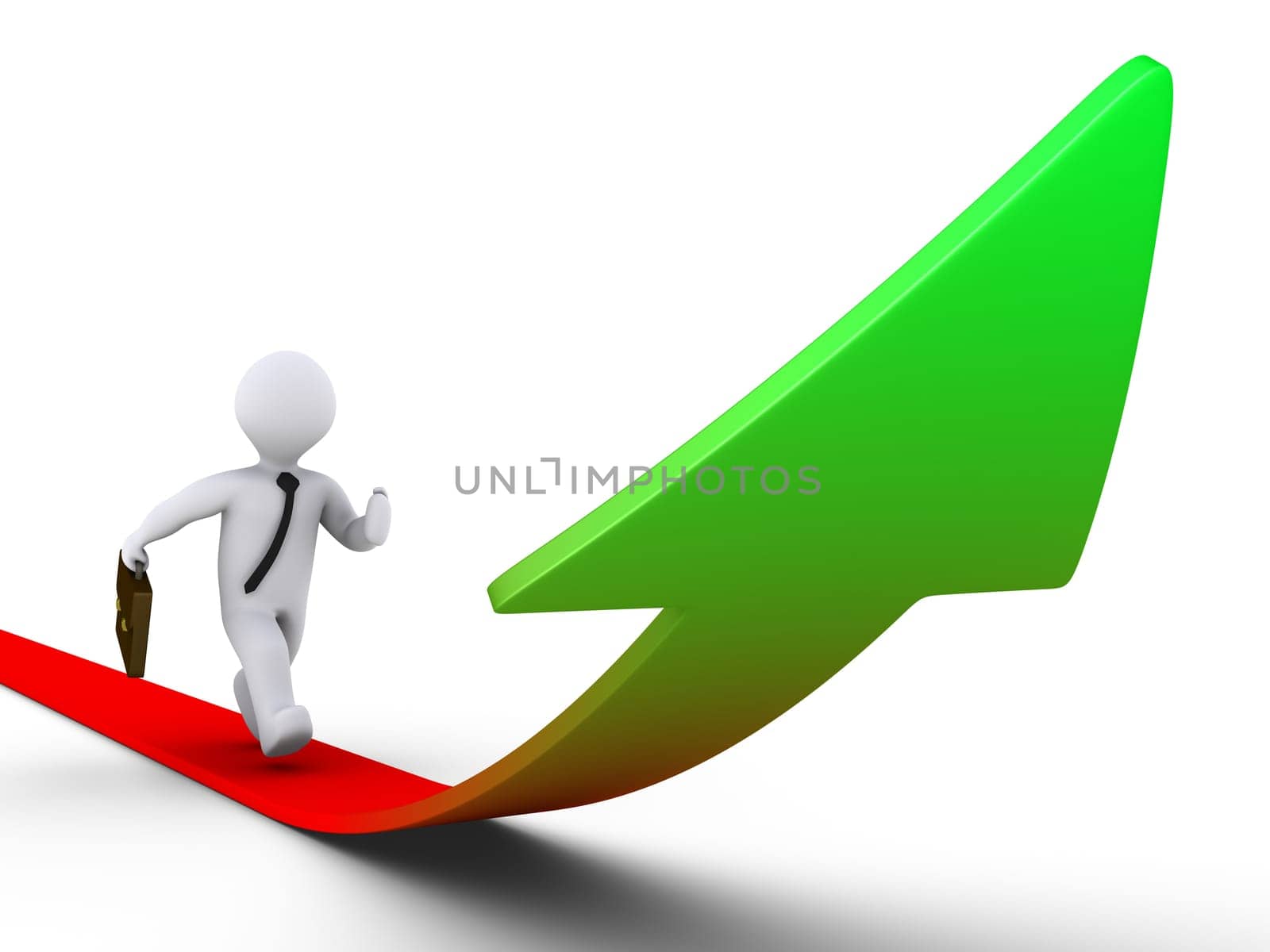 3d businessman runs on a graph that rises on the way