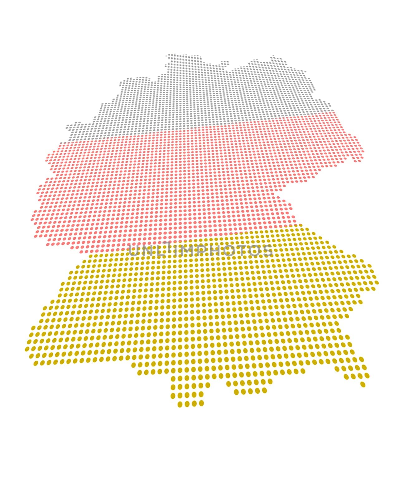 Perspective distorted map of Germany with dot grid in black,red,gold